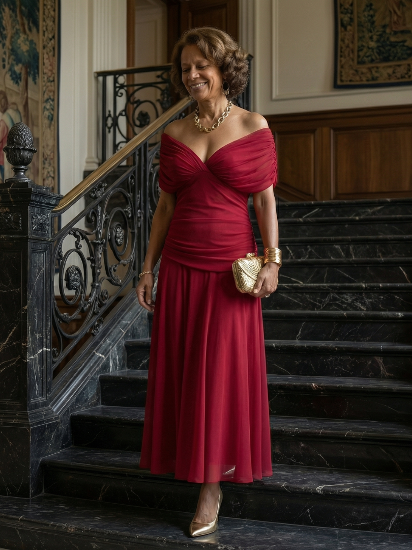 Marion | Robe Midi Décontractée à Épaules Dénudées