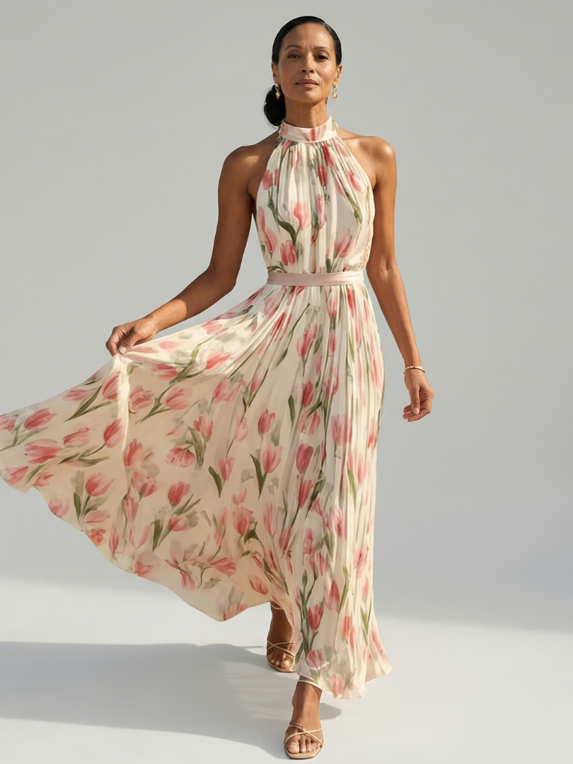 Sophie | Robe Midi Col Halter Fleurie