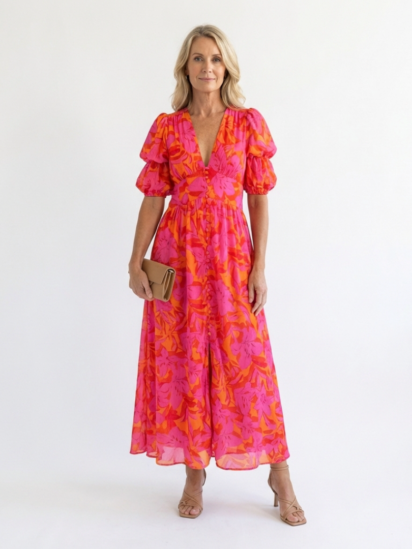 Colette | Robe Midi Manches Bouffantes & Col en V Floral