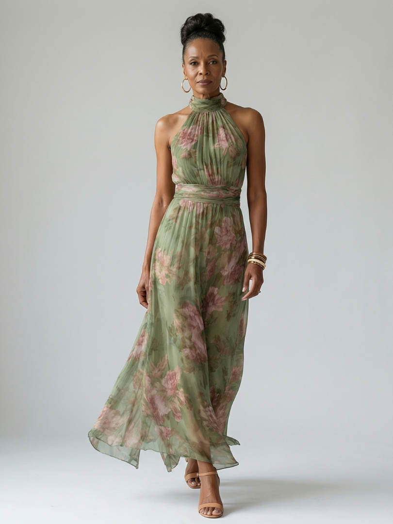 Clara | Robe Midi Halter Froncée Vert Sauge