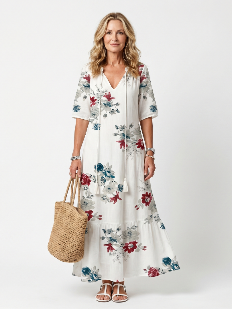 Basilisse | Robe Midi Fleurie à Pompons