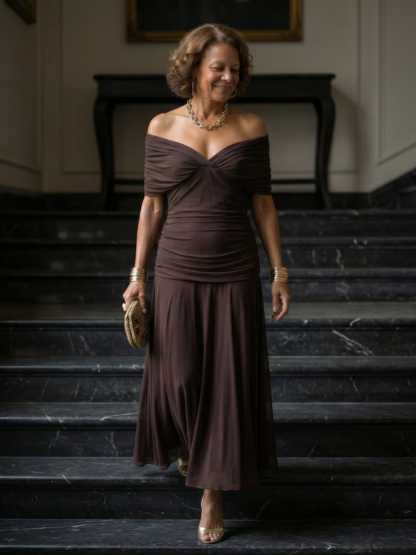 Marion | Robe Midi Décontractée à Épaules Dénudées
