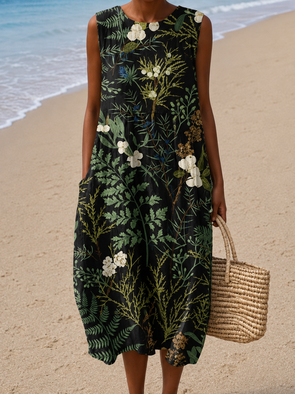 Noemí - Robe Midi de Plage Imprimée Sans Manches et Coupe Ample