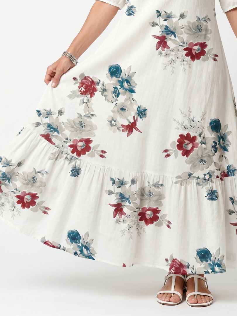 Basilisse | Robe Midi Fleurie à Pompons