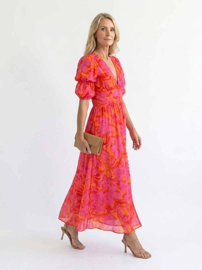 Colette | Robe Midi Manches Bouffantes & Col en V Floral