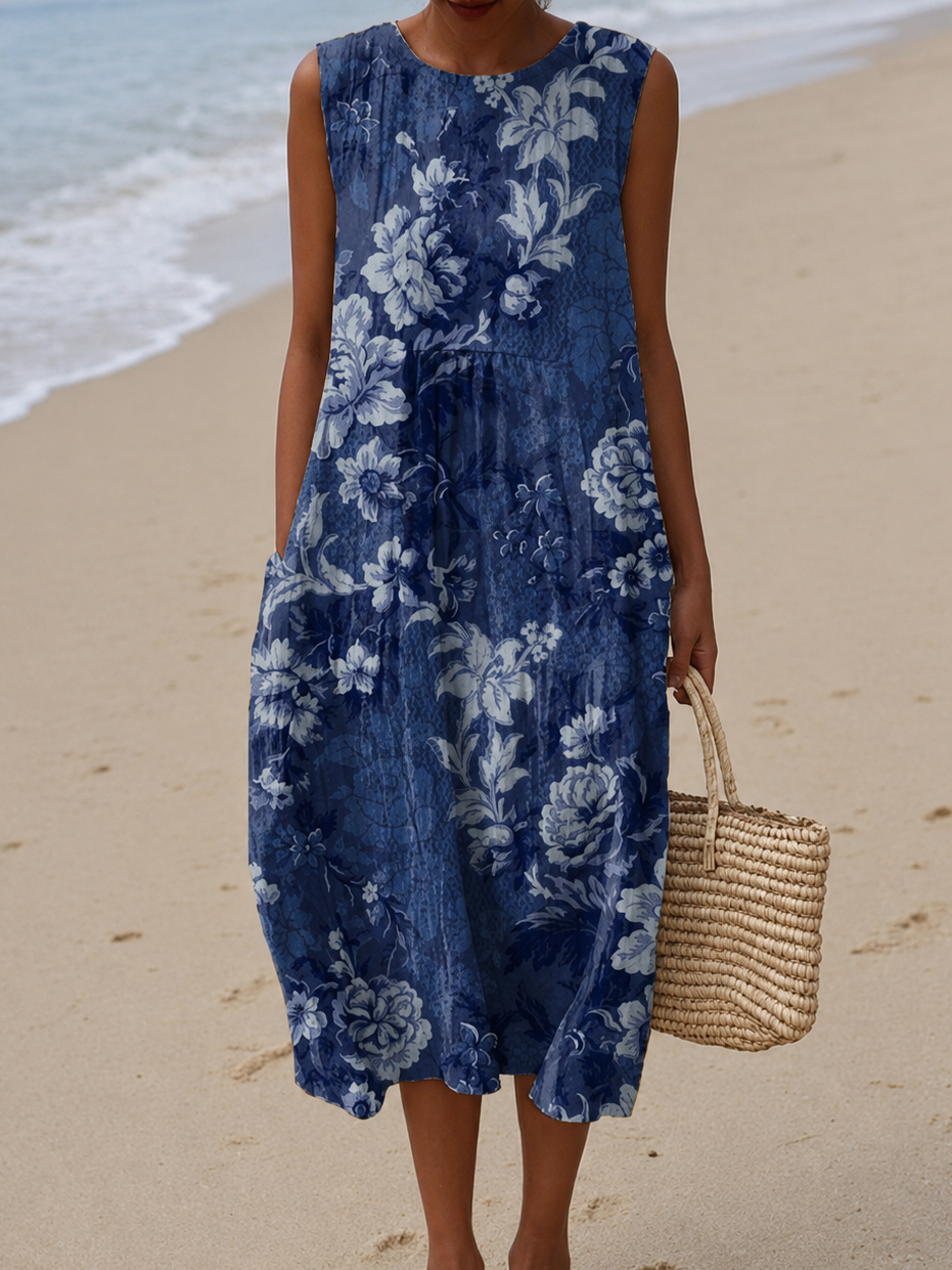 Nadia - Robe Midi de Plage Imprimée Sans Manches et Coupe Ample