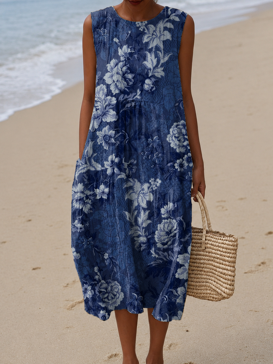 Nadia - Robe Midi de Plage Imprimée Sans Manches et Coupe Ample