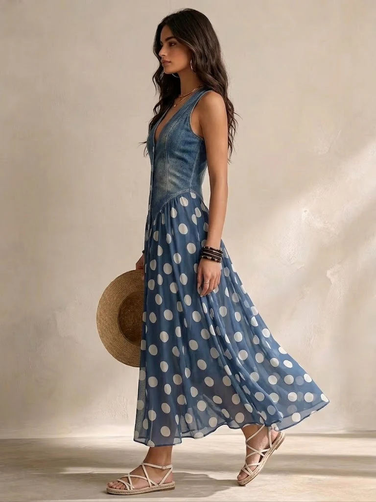Adeline | Robe Longue en Denim à Pois