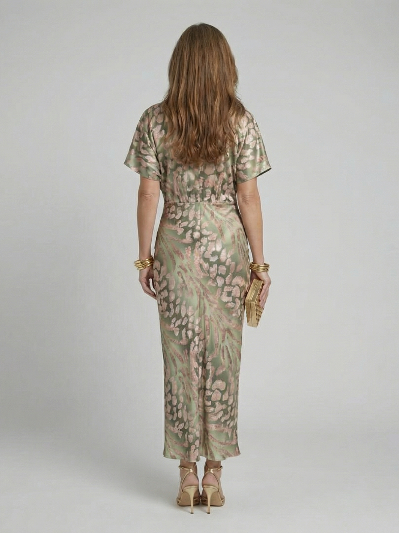 Céline | Robe Midi Imprimé Abstrait, Col en V & Taille Torsadée