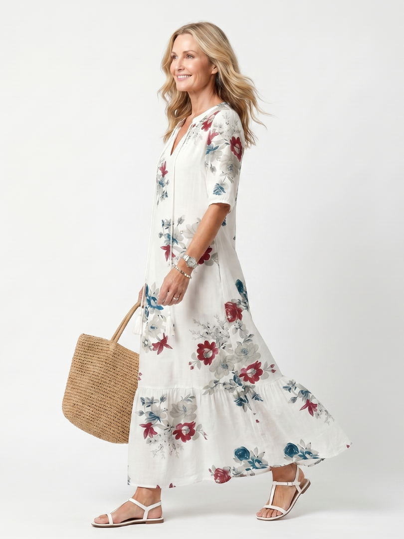 Basilisse | Robe Midi Fleurie à Pompons