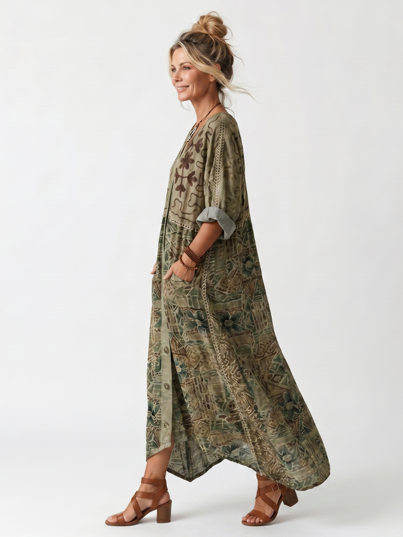 Alaïs | Robe Midi Brodée Boutonnée