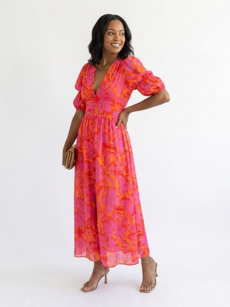 Colette | Robe Midi Manches Bouffantes & Col en V Floral