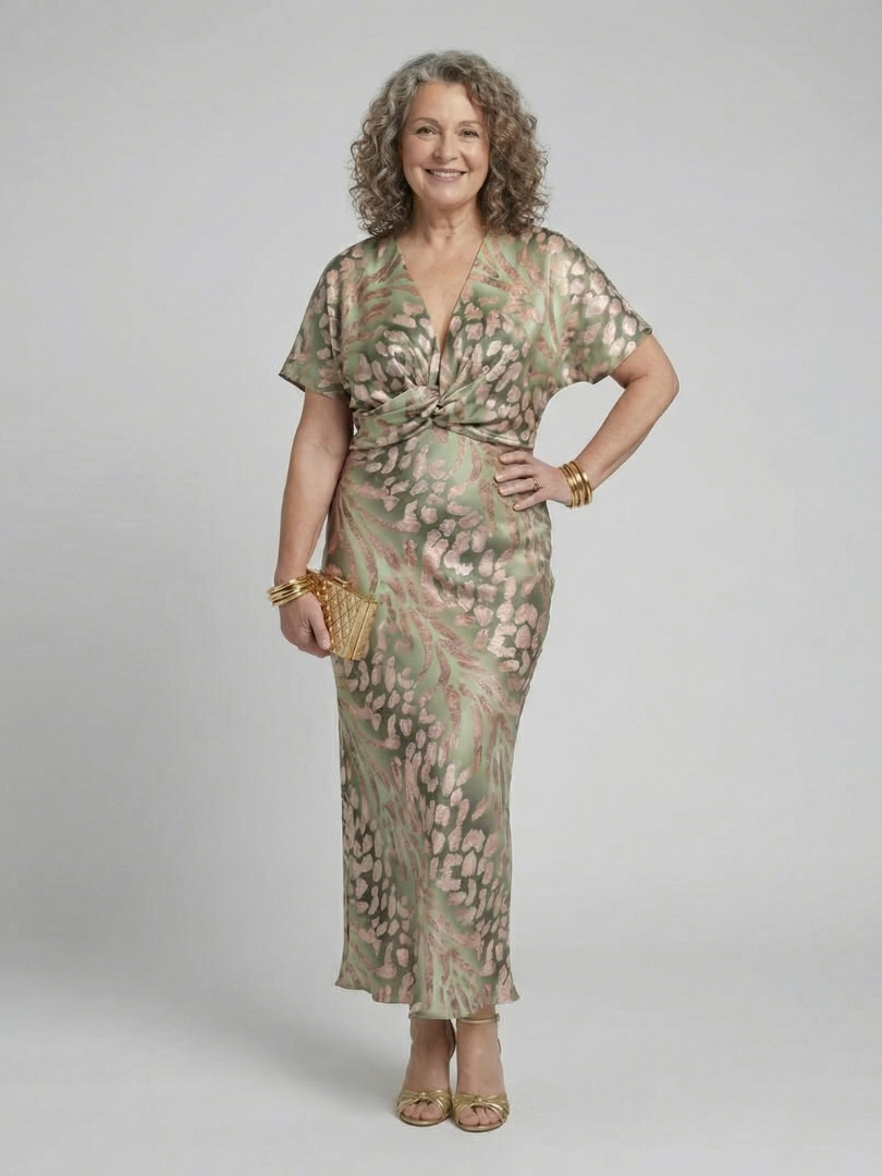 Céline | Robe Midi Imprimé Abstrait, Col en V & Taille Torsadée