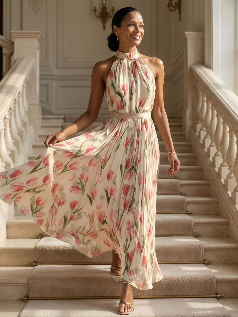 Sophie | Robe Midi Col Halter Fleurie