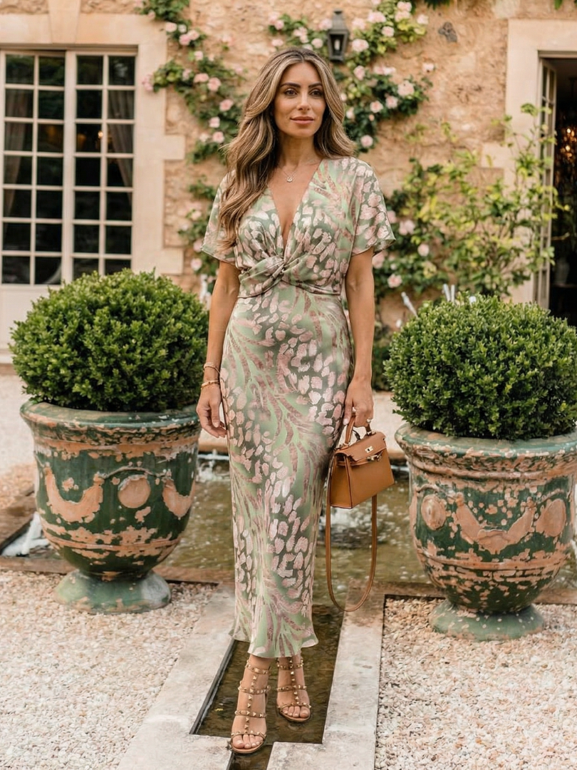 Céline | Robe Midi Imprimé Abstrait, Col en V & Taille Torsadée