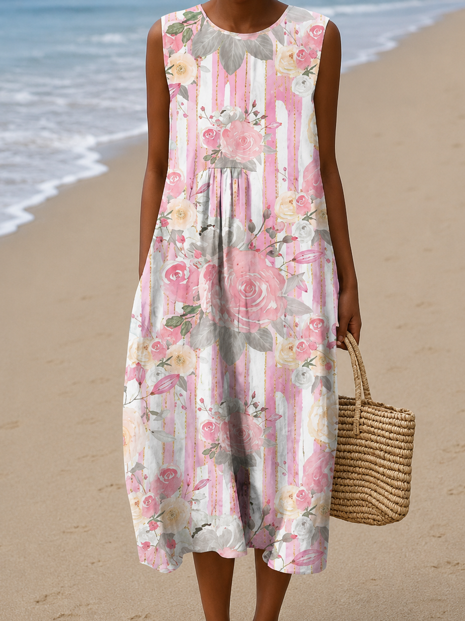 Aria - Robe Midi de Plage Imprimée Sans Manches et Coupe Ample