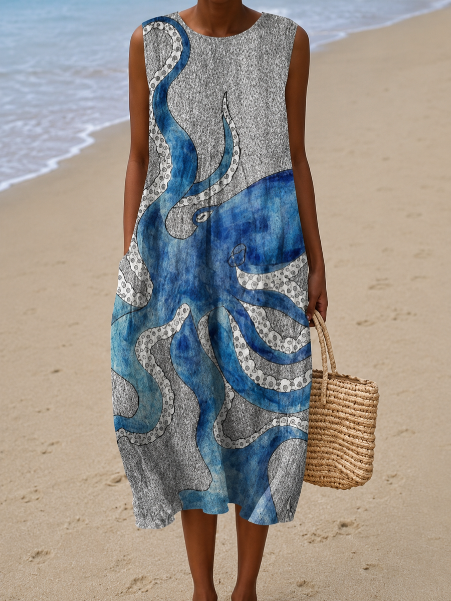 Carolina - Robe Midi de Plage Imprimée Sans Manches et Coupe Ample