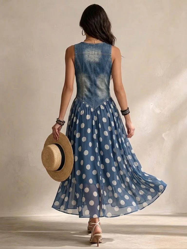 Adeline | Robe Longue en Denim à Pois