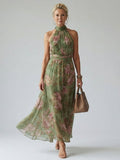 Clara | Robe Midi Halter Froncée Vert Sauge
