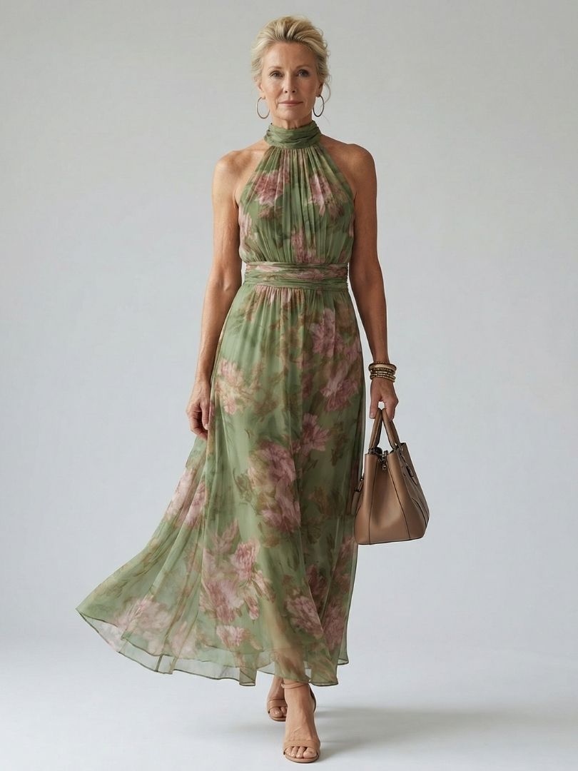 Clara | Robe Midi Halter Froncée Vert Sauge