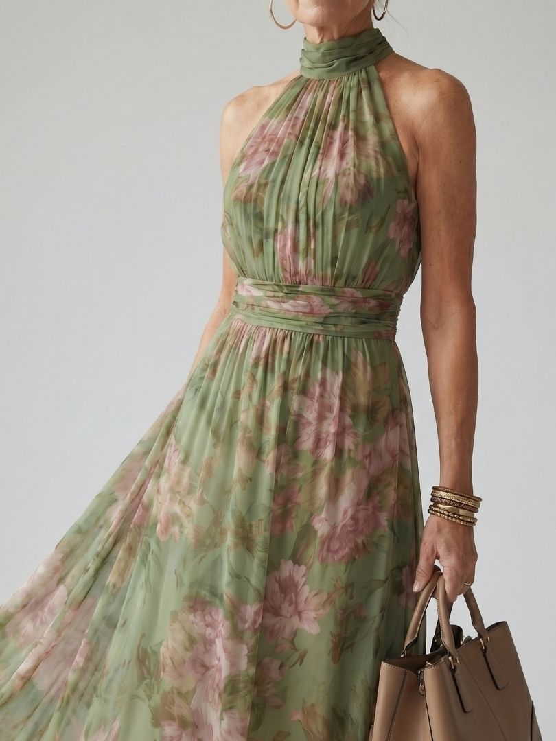 Clara | Robe Midi Halter Froncée Vert Sauge
