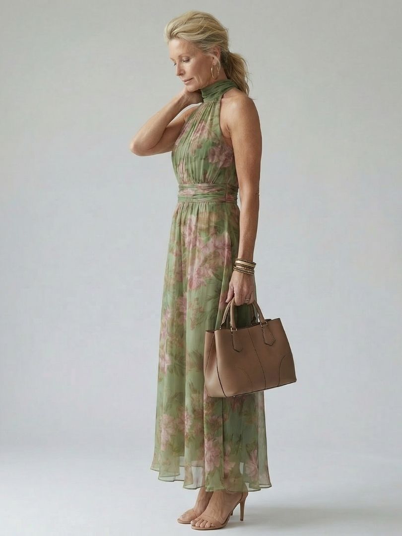 Clara | Robe Midi Halter Froncée Vert Sauge