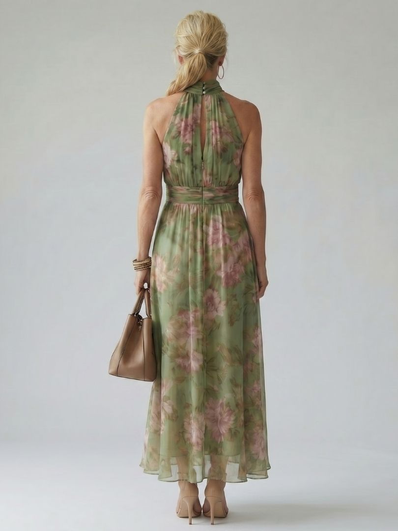 Clara | Robe Midi Halter Froncée Vert Sauge