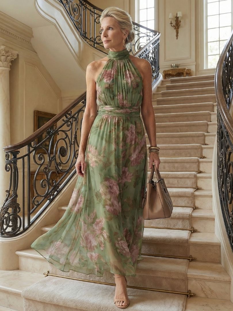 Clara | Robe Midi Halter Froncée Vert Sauge