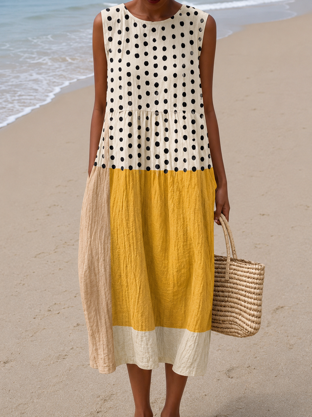 Lea™ Robe Midi à Pois et Color Block