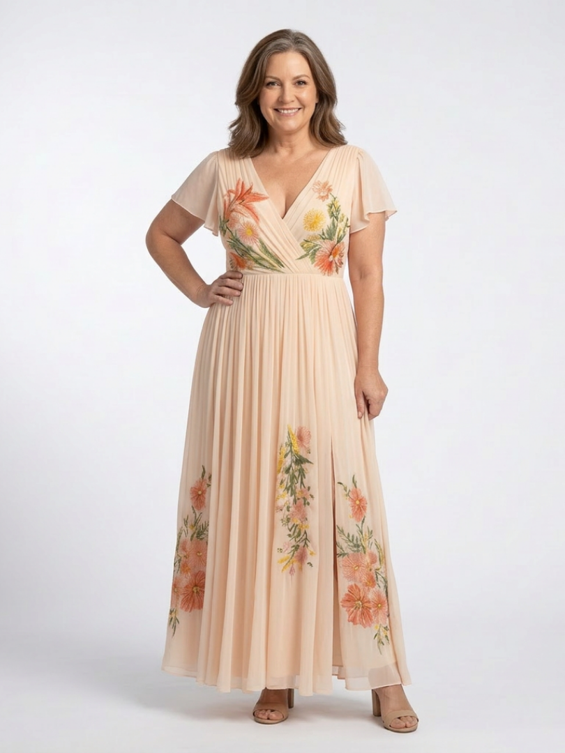 Jeanne | Robe Maxi Florale Plissée à Col en V