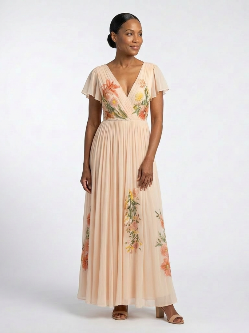 Jeanne | Robe Maxi Florale Plissée à Col en V
