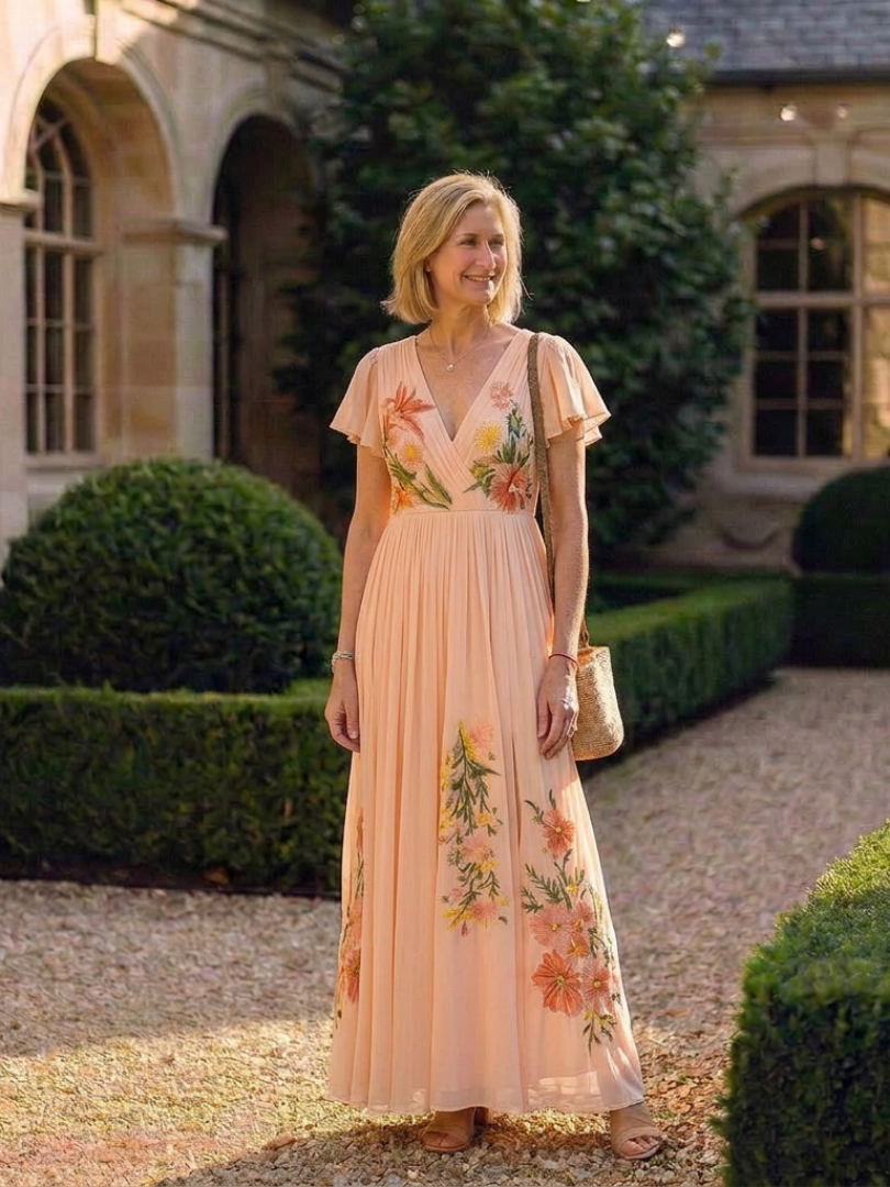 Jeanne | Robe Maxi Florale Plissée à Col en V