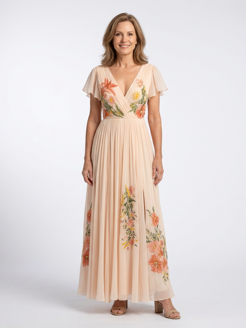 Jeanne | Robe Maxi Florale Plissée à Col en V
